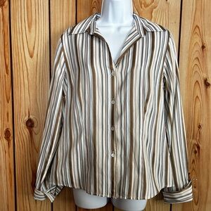 Doncaster Women’s Top Blouse Size M Ivory Brown Stripe Long Sleeves Silk Bland